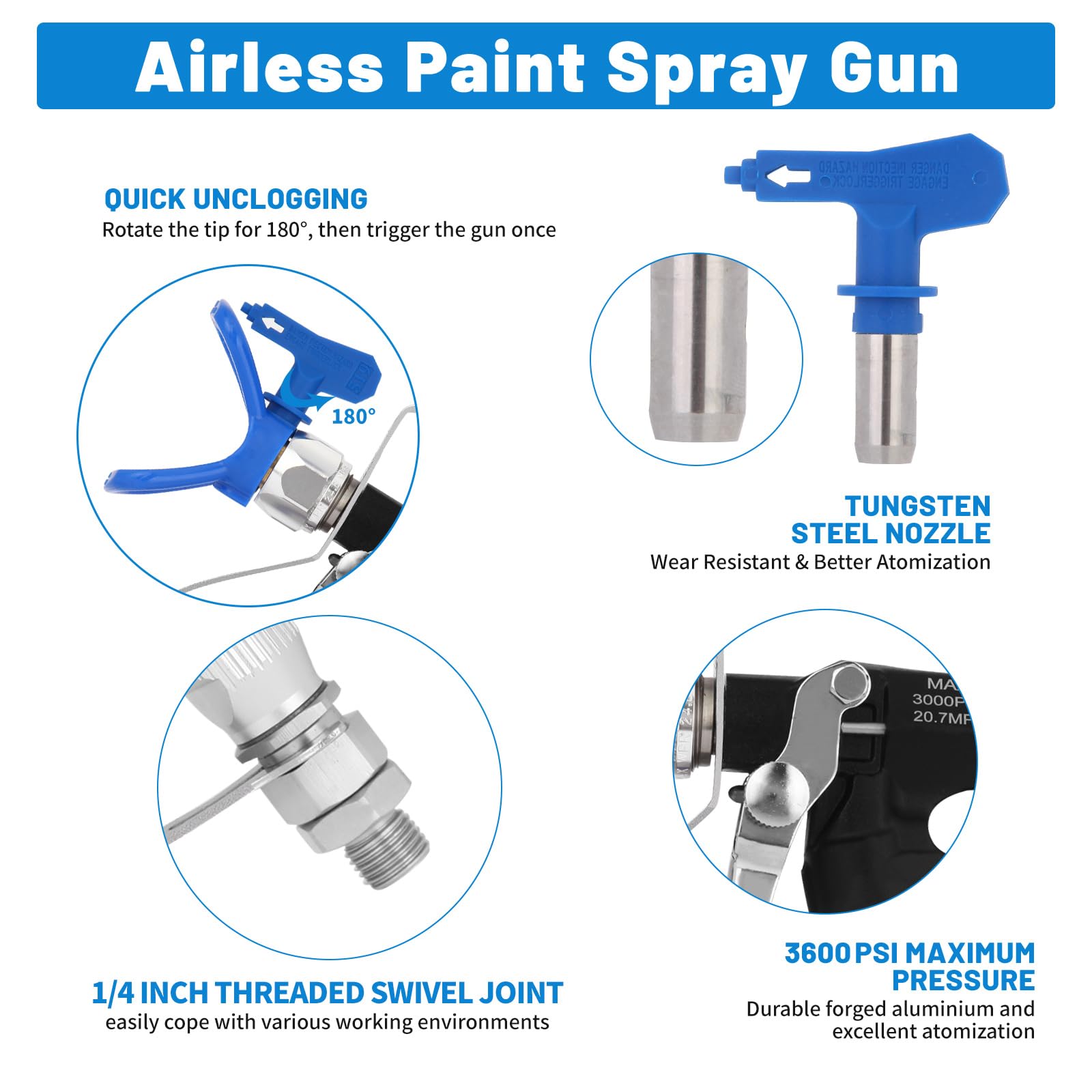 DUSICHIN Pistola pulverizadora de pintura sin aire de alta presión 3600PSI con soporte reversible de punta de boquilla 519, junta giratoria para pulverizador de bomba y máquina de pulverización sin