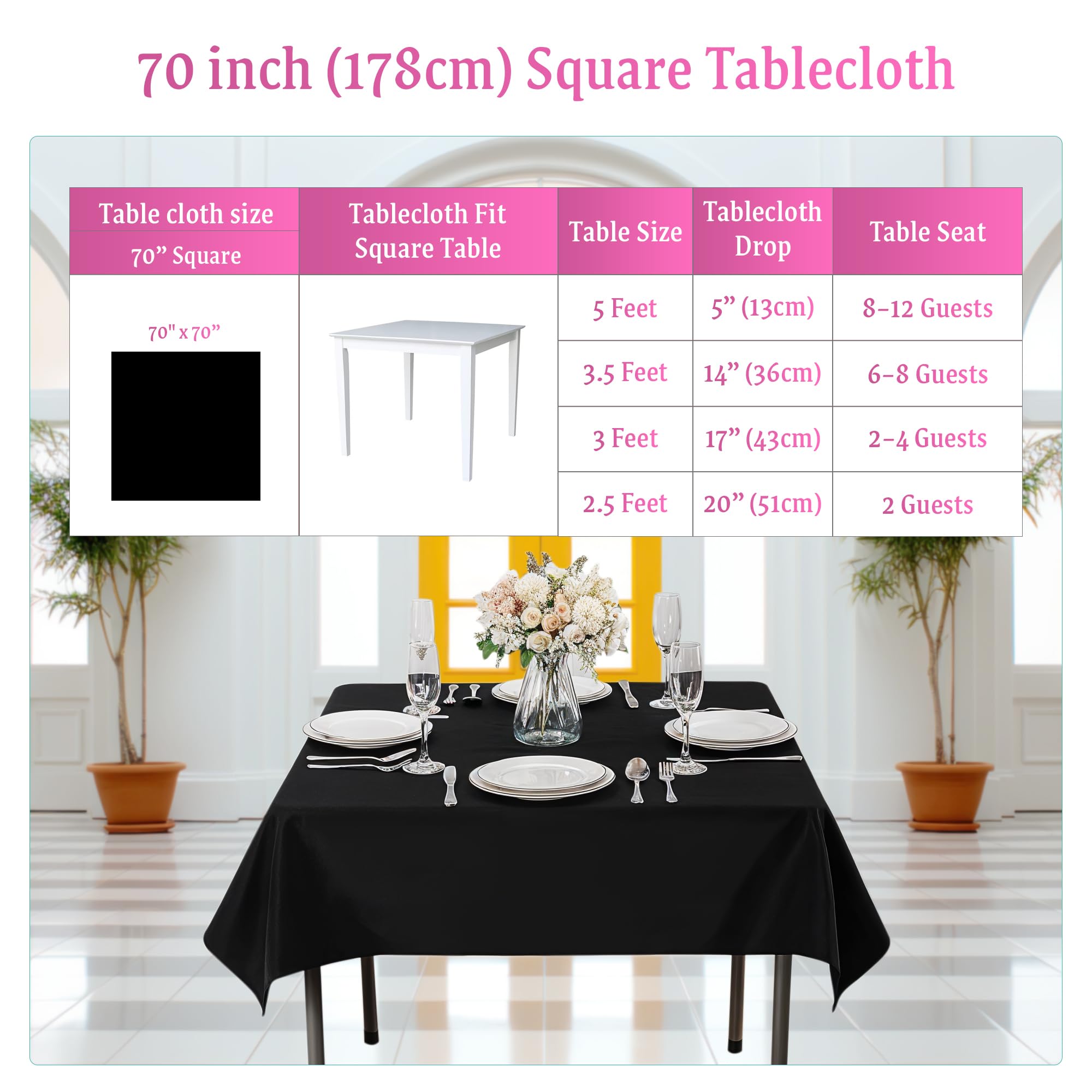 Weddecor 70 x 70 Pulgadas Negro 10 Piezas Mantel Cuadrado Tela de poliéster Duradero Mantel para Boda cumpleaños Aniversario Cena Fiesta Eventos decoración