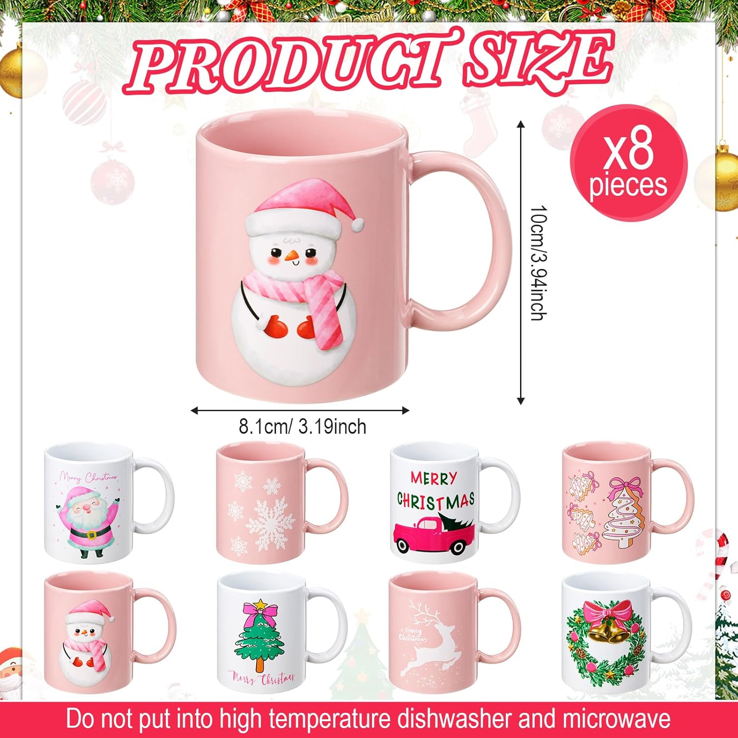 Maxdot 8 Pieces 12 oz Christmas Winter Coffee Mugs Gifts Set with Handle Ceramic Matching Cups for Staff Home School Office Table Centerpieces Housewarming Holiday Party