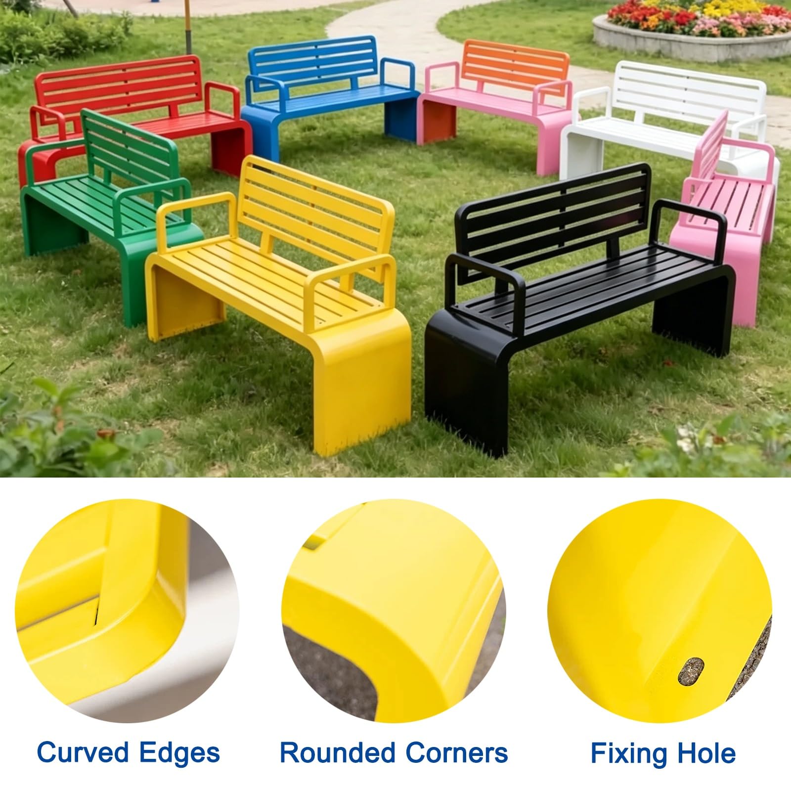 Sitzbank Outdoor aus Verzinktem Stahl, Wetterfeste Gartenbank mit Rückenlehne und Armlehnen, für Garten Rasen Poolbereich Veranda und Spielplatz(Black,120cm/47.2in)