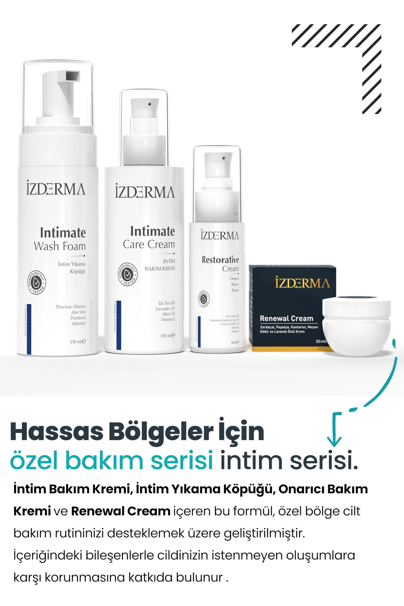 İzderma Renewal Cream, İntim Bakım Kremi, Yıkama Köpüğü ve Onarıcı Bakım Kremi 4'lü Set