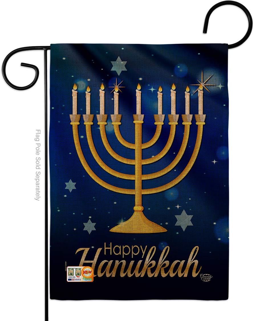 Happy Hanukkah Burlap Garden Flag Wintertime Candle Bonsai Menorah Jewish Chanukah David Small Decorative Gift Yard House Banner Double-Sided Made In USA 13 X 18.5