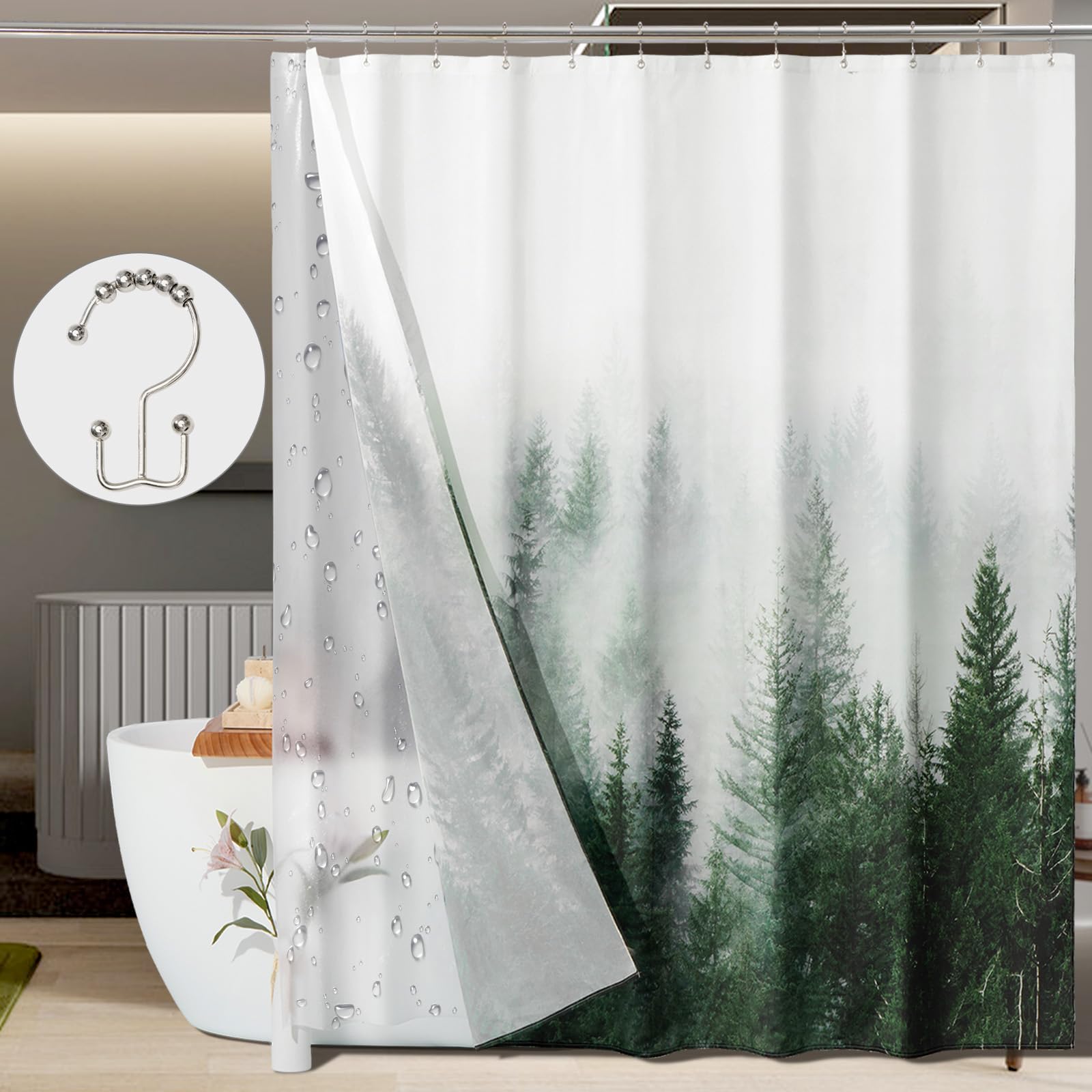 ORTIGIA 3 in 1 Waterproof Shower Curtain and Clear PEVA Liner Set with 12 Double Sided Metal Shower Curtain Hooks, Green Misty Forest Tree Soft Fabric