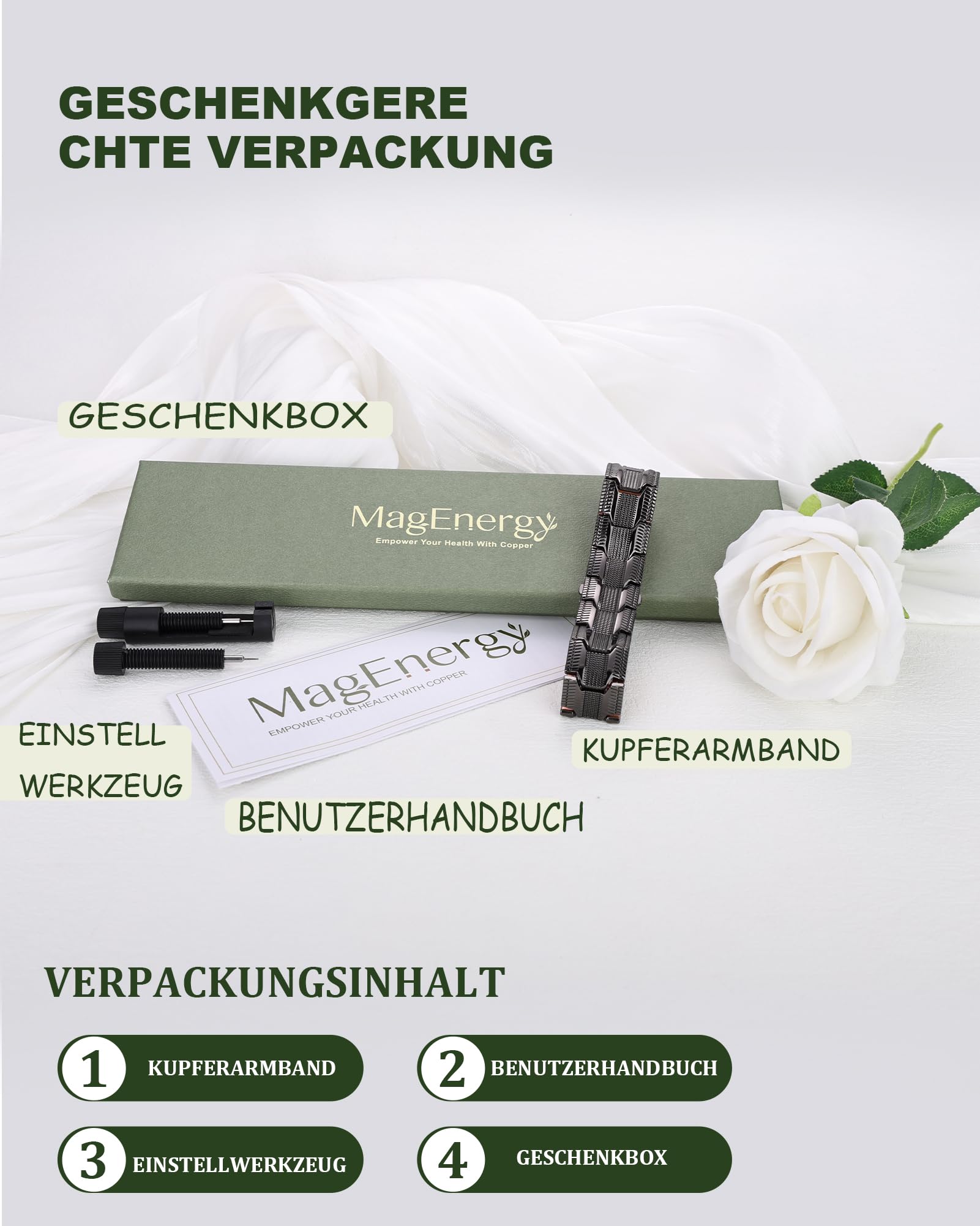 MagEnergy Herren Kupferarmband 3800 Gauss, massives Reinkupfer Armband mit Schmetterlingsverschluss, verstellbar mit Größenwerkzeug