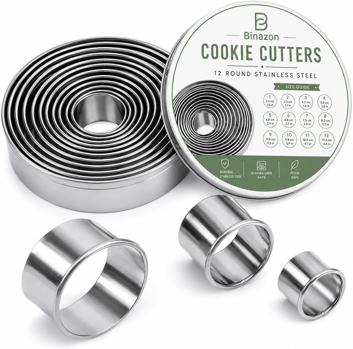 12-Piece Round Cookie Cutter Set, Stainless Steel Circle Biscuit Cutters with Storage Tin, Dishwasher Safe Pastry Cutters and Donut Ring Molds, Green Classic Tin Design