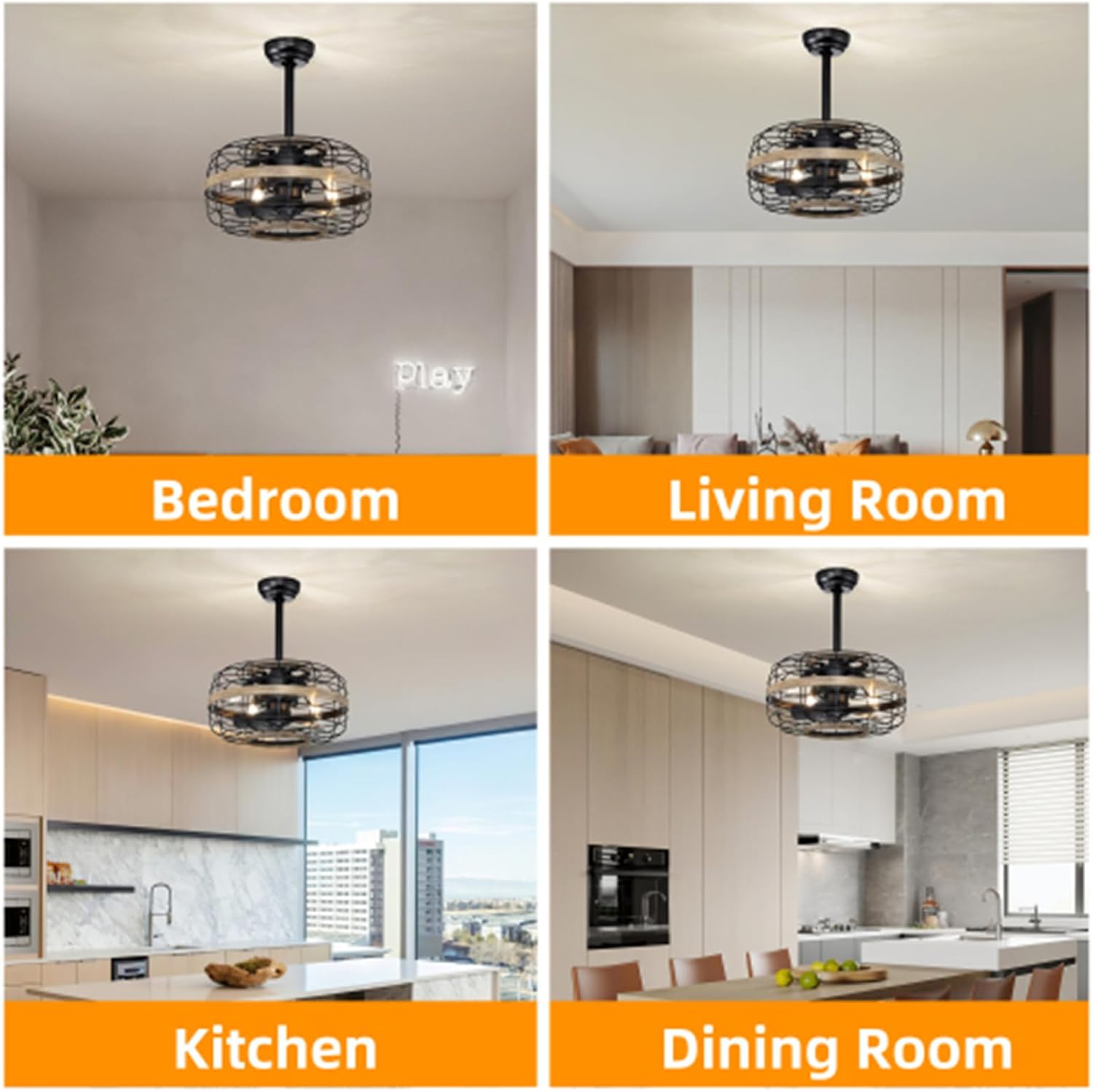 18-inch Farmhouse Ceiling Fan Light, Cage Ceiling Fan with Remote Control (3-Speed ​​Adjustable), Wooden Rustic Enclosed Reversible Ceiling Fan, Lighting and Blowing All-in-One, Bedroom, Living Room