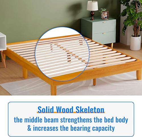 Miniatura 4 de PayLessHere Marco de cama de plataforma de madera, sin cabecero, no necesita somier, soporte de listones de madera, sin ruido, fácil de montar,