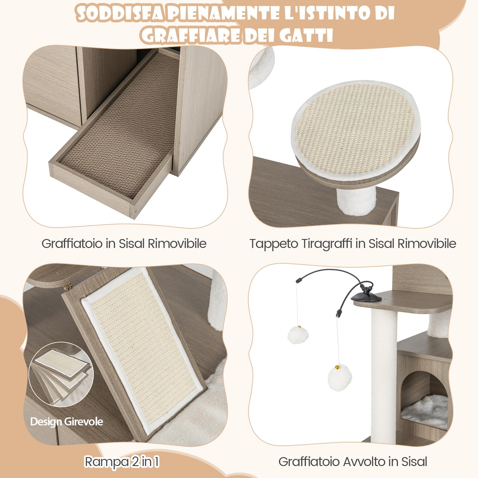 COSTWAY Albero per Gatti con Mobile per Lettiera, Torre per Gatti Moderna 2-in-1 con Doppie Cucce, Piattaforma Superiore, Pali in Sisal, Tiragraffi, Rampino, Piattaforma e Palline, Grigio
