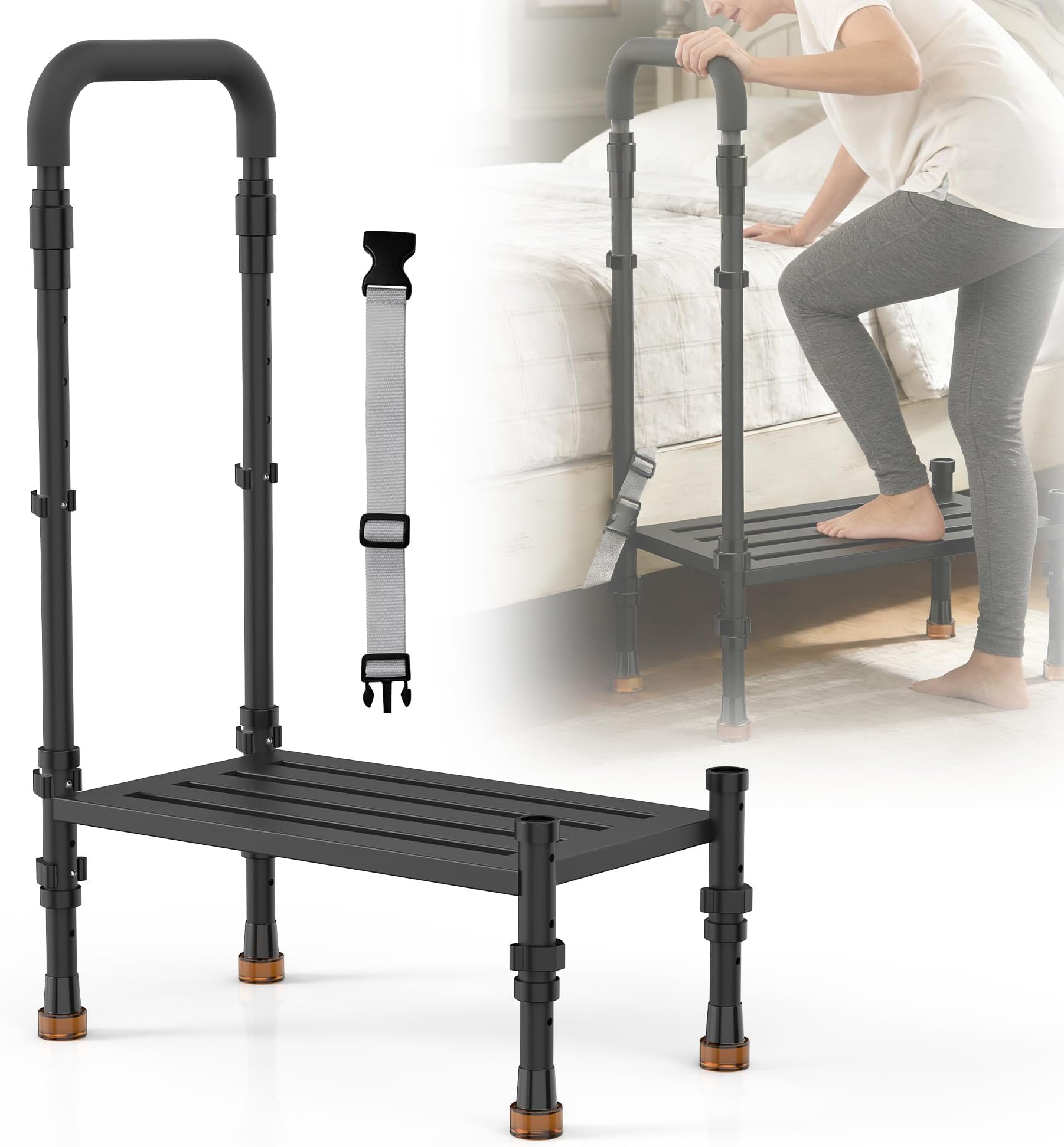Wide Platform Medical Step Stool with Handle for Elderly - Heavy Duty 800lbs Capacity, Adjustable Handrail (32โ-40โ) for Bed, Car SUV & Bathroom Safety