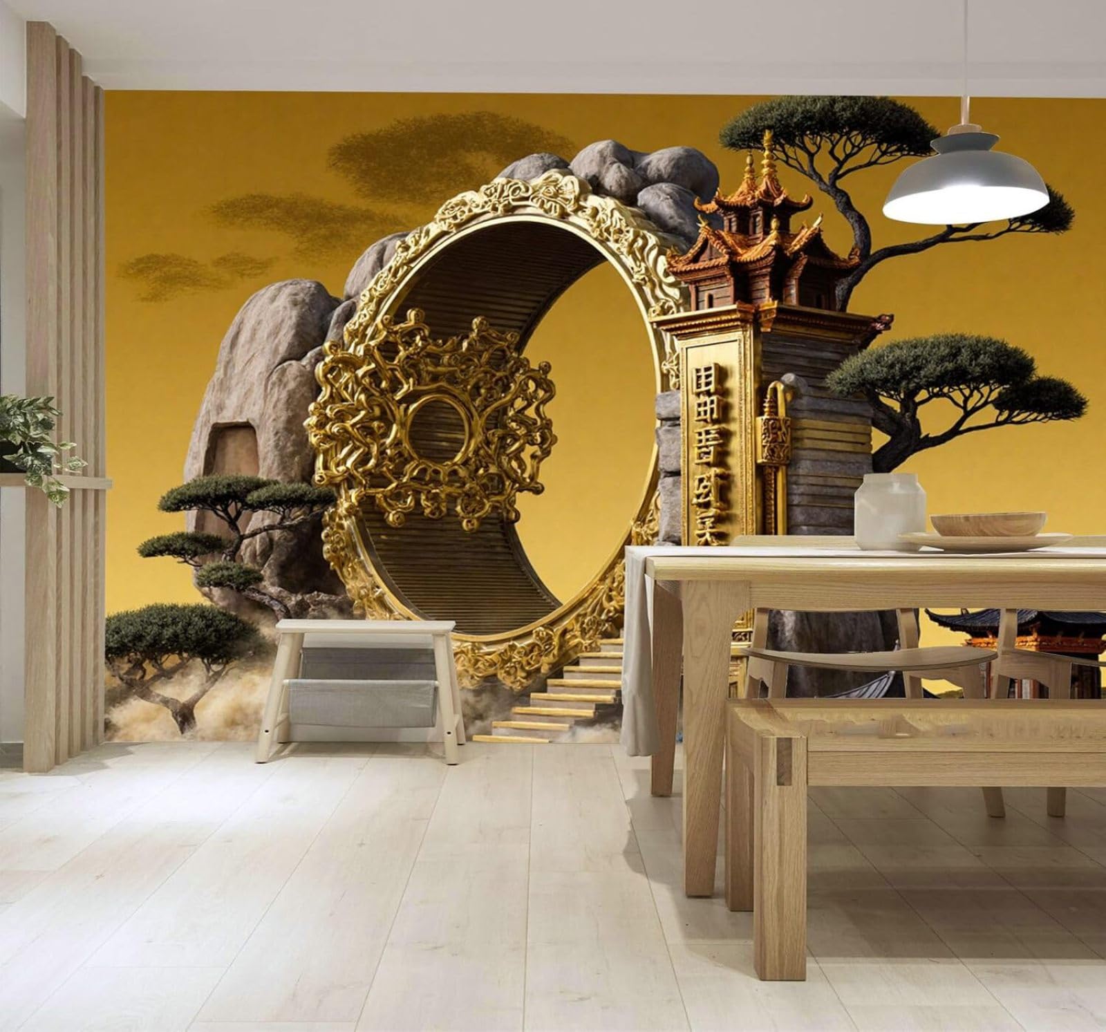 XLMING Three Dimensional Luxurious Golden Pagoda Circular Building Pine Bonsai 3D Wallpaper Silky Texture Home Study Office Grey Dining Room Sofa Bedroom Living Room TV Backdrop-300cm×210cm
