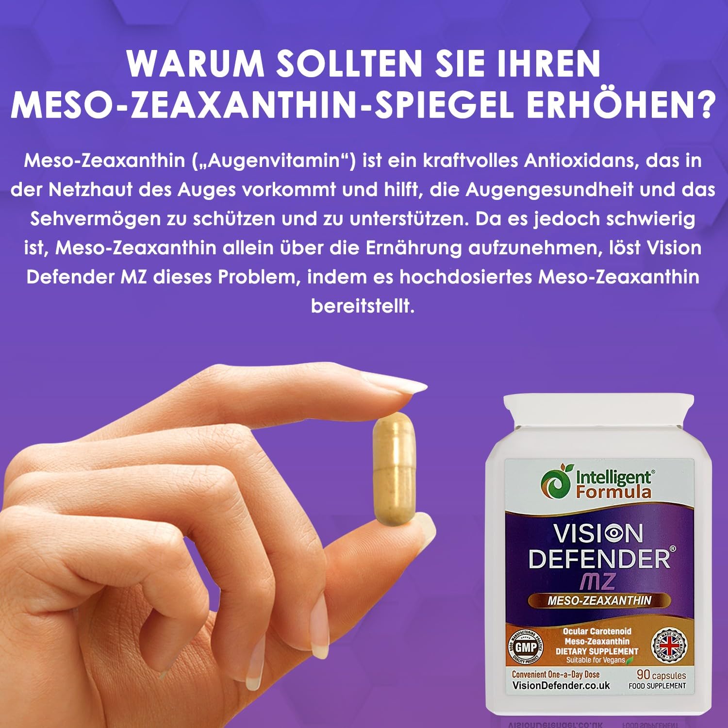 Vision Defender MZ Augengesundheit-Nahrungsergänzung – 10mg Meso-Zeaxanthin aus Tagetes-Extrakt – Antioxidatives Carotinoid für Sehunterstützung und Netzhauternährung – 90 Vegane Kapseln