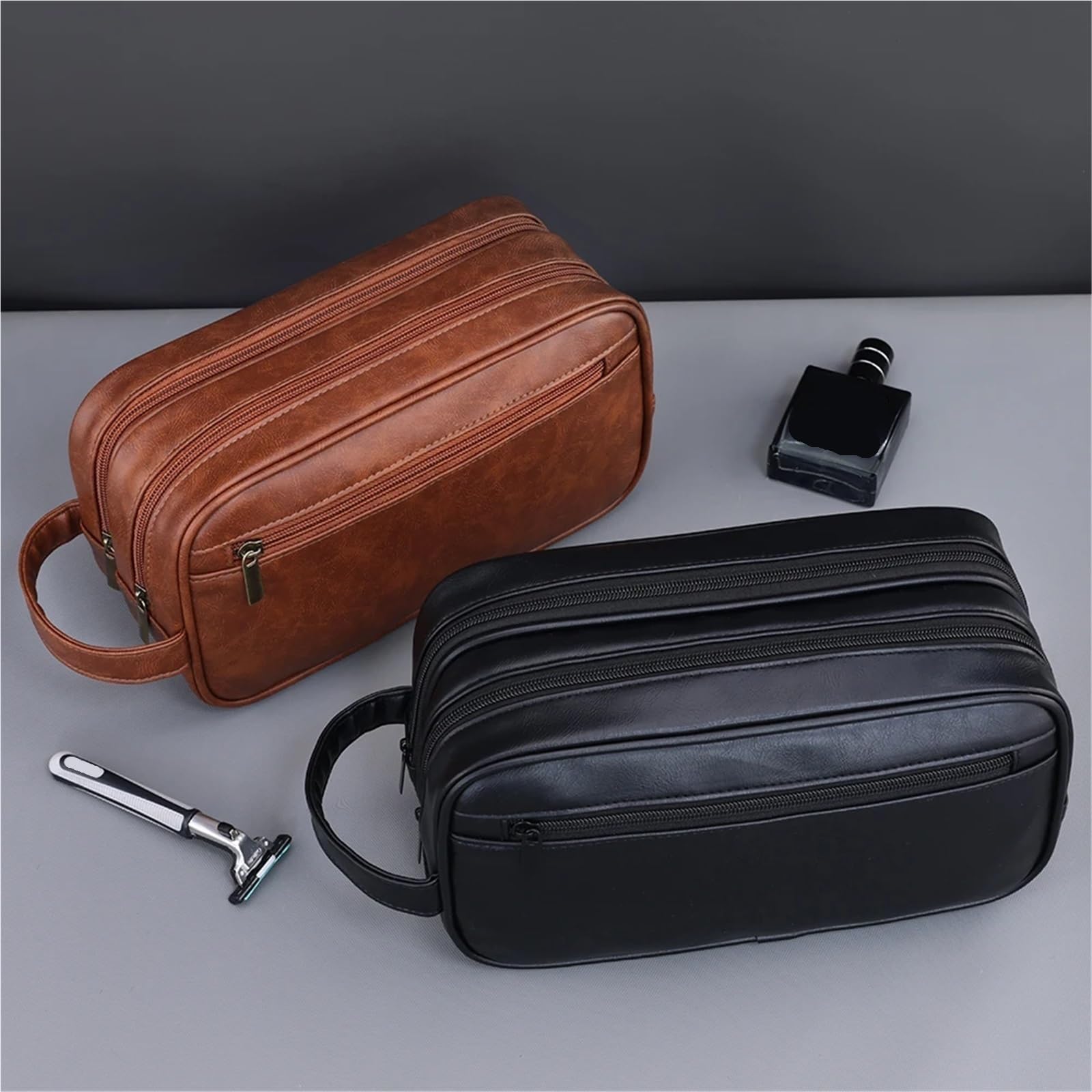 Neceser De Viaje Neceser de Doble Capa for Hombre, Organizador de Lavado de Viaje de Cuero PU, Bolsa de cosméticos de Afeitado Resistente al Agua, Almacenamiento para Viajes(Coffee)