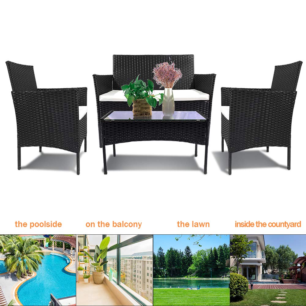 bigzzia Conjuntos de Muebles de Jardín Exterior en Ratán 4 Piezas Juego de Muebles de Jardín para 4 Personas Incluido 1 Sofá 2 Sillones 1 Mesa