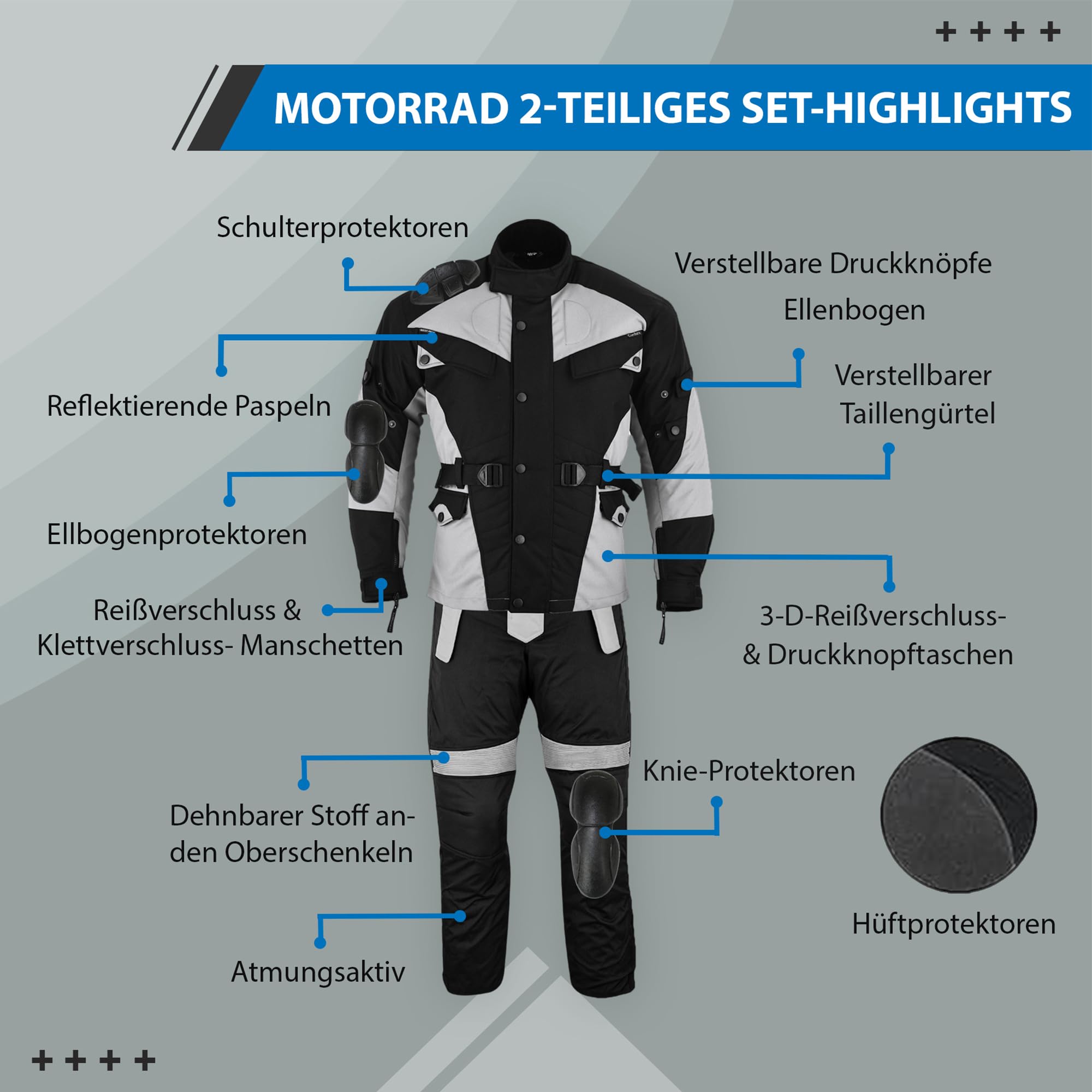 German Wear Męski kombinezon motocyklowy, 2-częściowy, z ochraniaczami, kombinezon motocyklowy, lekka tekstylna kurtka motocyklowa długa + spodnie motocyklowe, kurtka motocyklowa, wyjmowana wyściółka