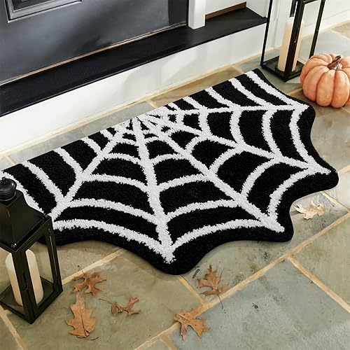Estmy Alfombra gótica de tela de araña para interiores de Halloween, 2 x 3 pies, de felpa, gótica, bonita, divertida, de Halloween, tapete de baño,