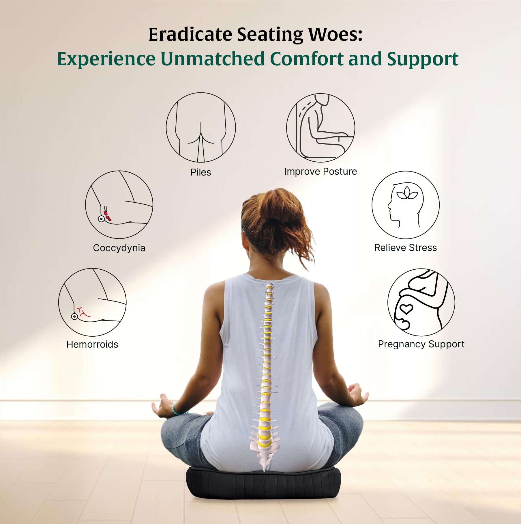 The White Willow Coccyx Cushion for Tailbone Pain Relief- HR Memory Foam Sitting Cushion-Seat Cushion for Office Chair-Tailbone Cushion Sitting Pillow for Hip,Back Pain Relief-Above 50 Kg Firm-Black - Image 9 thumbnail