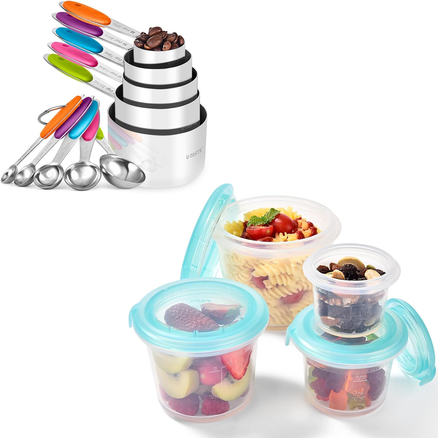 U-Taste 18/8 Stainless Steel Measuring Cups and Spoons Set of 10 (Multicolors) and 2oz/4oz/8oz/16oz Silicone Food Storage Containers Set Meal Prep Box Set of 4 (Aqua Sky)