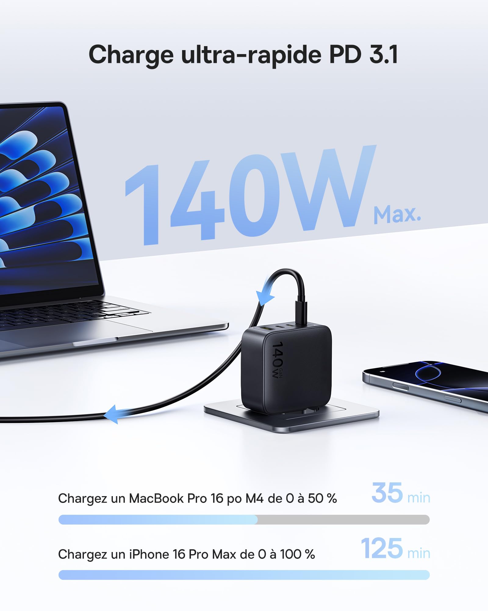 Baseus Enerfill Chargeur USB C 140 W, Bloc d'alimentation USB C à 4 Ports, Chargeur PD avec PPS, Chargeur Rapide GaN Compatible avec MacBook Pro/Air, iPhone 17/16/15/14Serie, Galaxy S25, iPad Pro