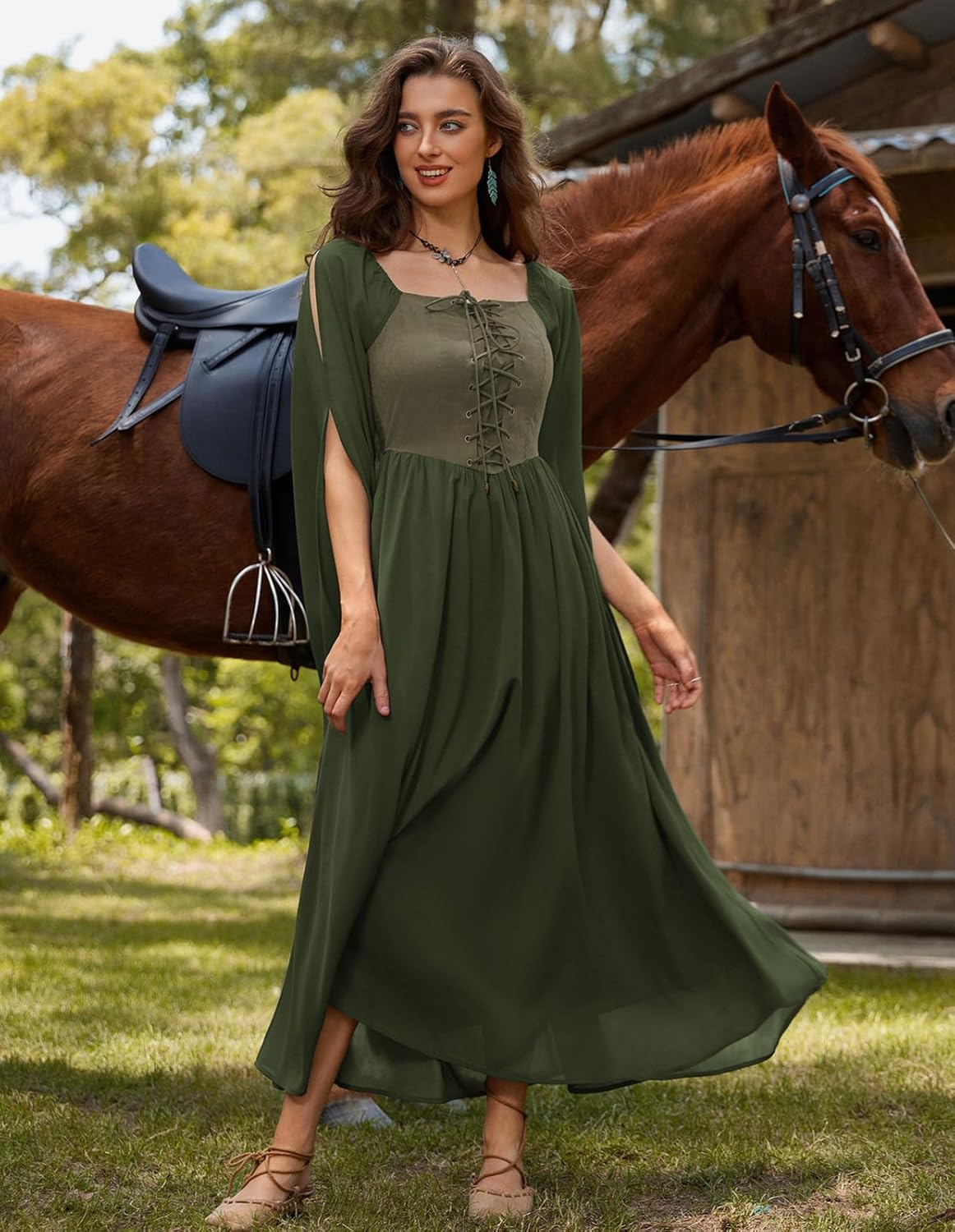 Scarlet Darkness Renaissance Costume Women Pirate Dresses Split Bell Sleeve Medieval Ren Faire Dress with Pockets - Image 3