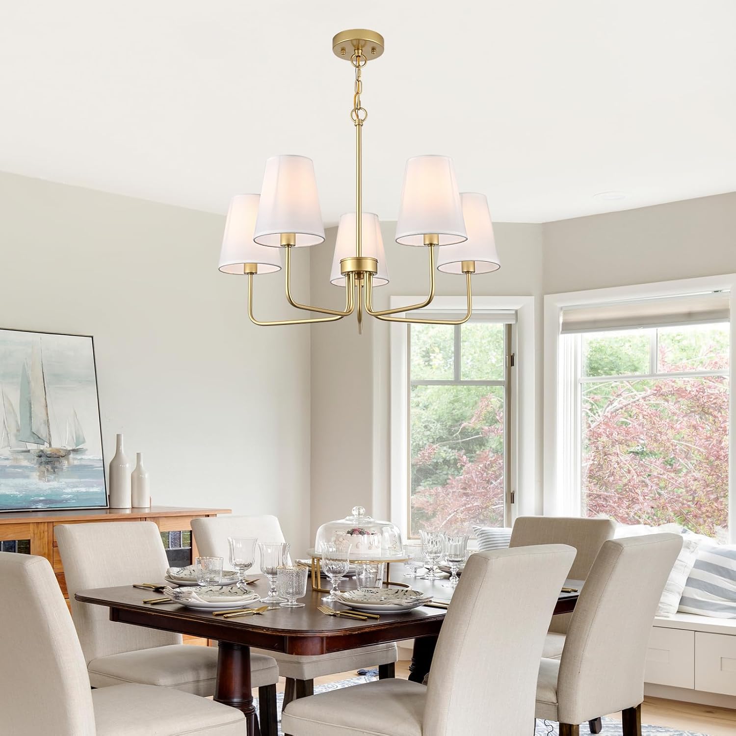 Yaohong 5-Lights Gold Chandelier, Modern Farmhouse Lighting Fixture with White Fabric Shades, Adjustable Hanging Dining Room Light Fixture for Kitchen Island, Living Room, Foyer Lighting