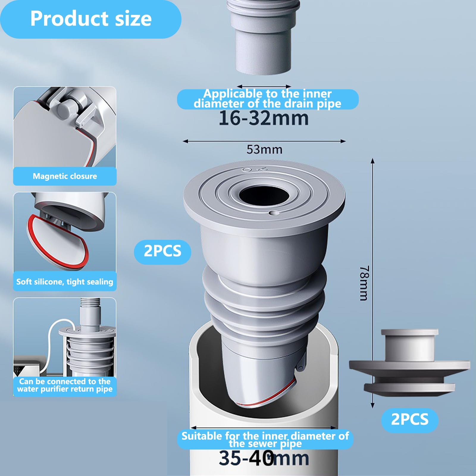 Korek uszczelniający do pralki WISIRENT, 2 szt. 35-40 mm szara uszczelka do węża spustowego pralki, pierścień uszczelniający do węża spustowego wody do pralki