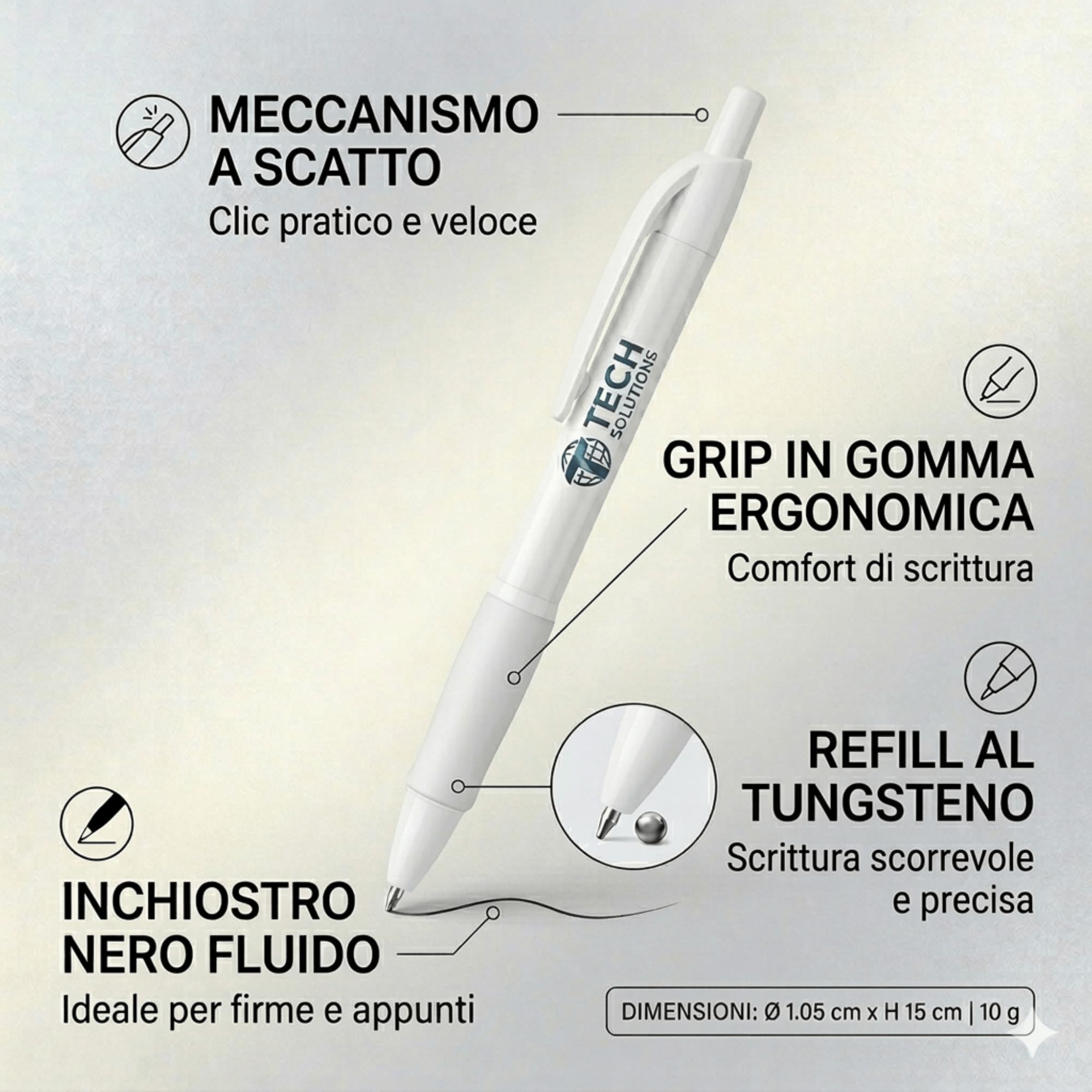 Set 100 Penne a Sfera Personalizzate con Stampa a Colori - Penna a Scatto Personalizzabile in Plastica Bianca con Grip in Gomma Colorata, Refill Nero - Gadget Aziendali e Promozionali