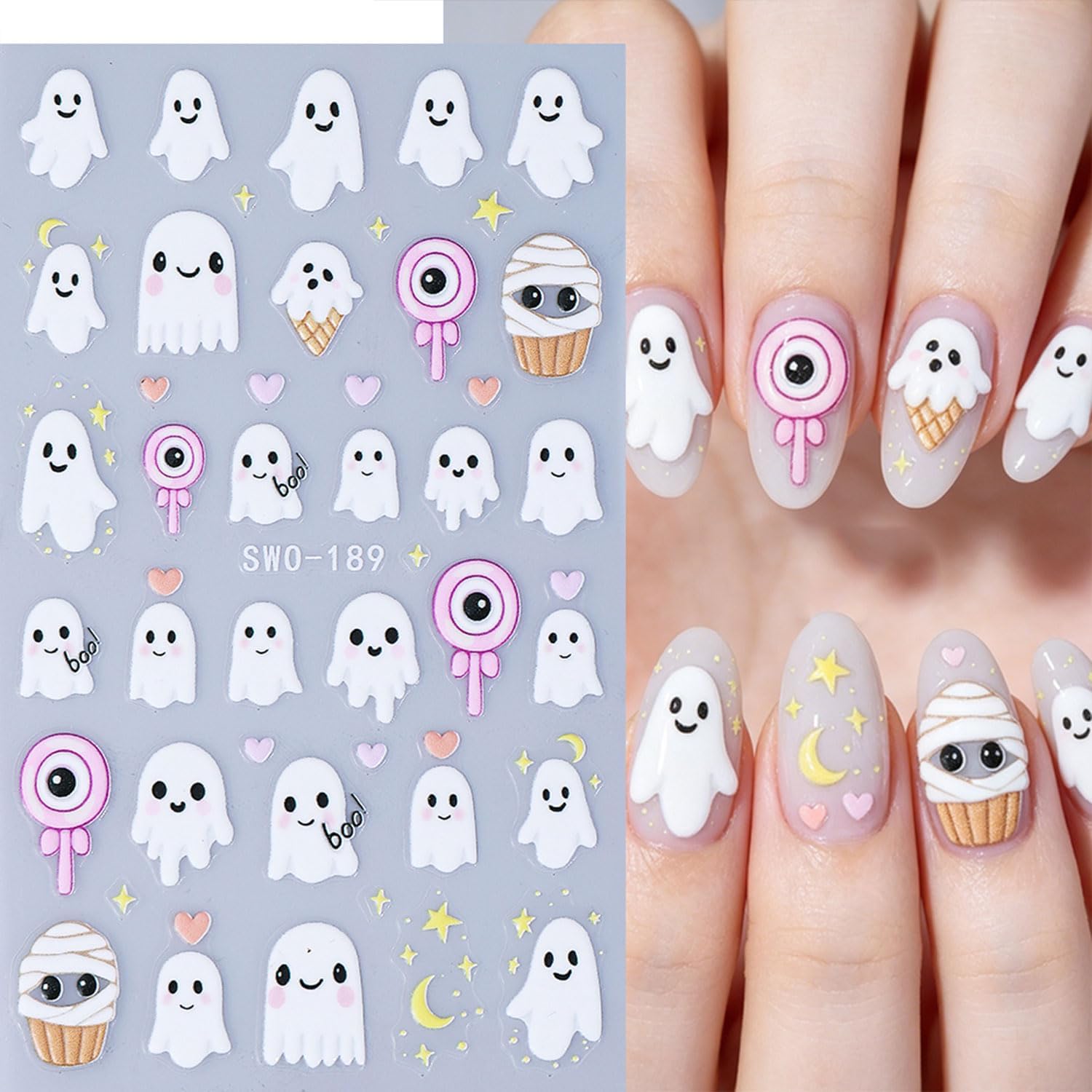 6 Sheets Halloween Nail Stickers 5D Embossed Nail Art Stickers Cute Ghost image 2