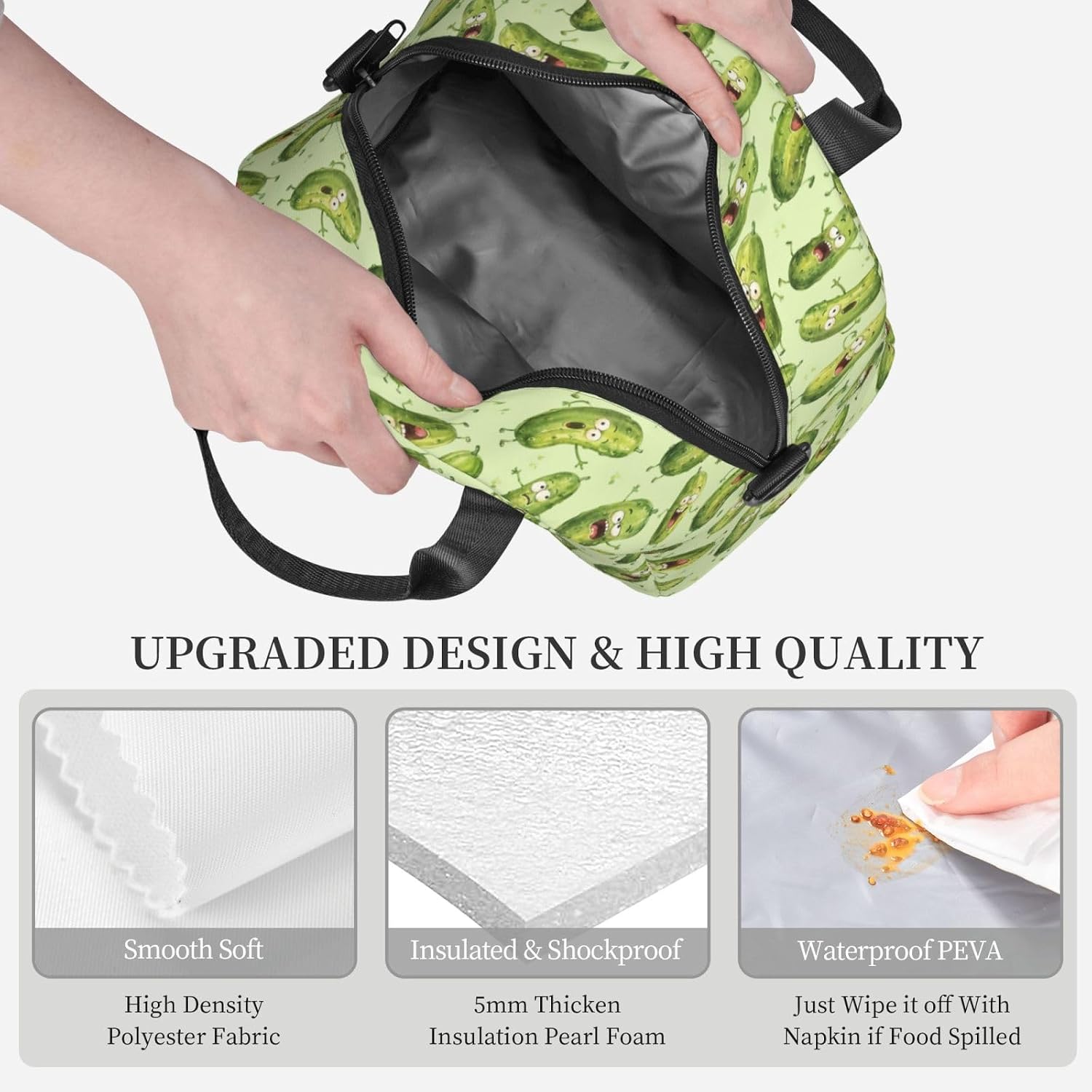 Funny Cute Cucumber Reusable Insulated Lunch Box Small Waterproof Lunch Bag with Detachable and Adjustable Shoulder Strap for Office Picnic or Travel image 4