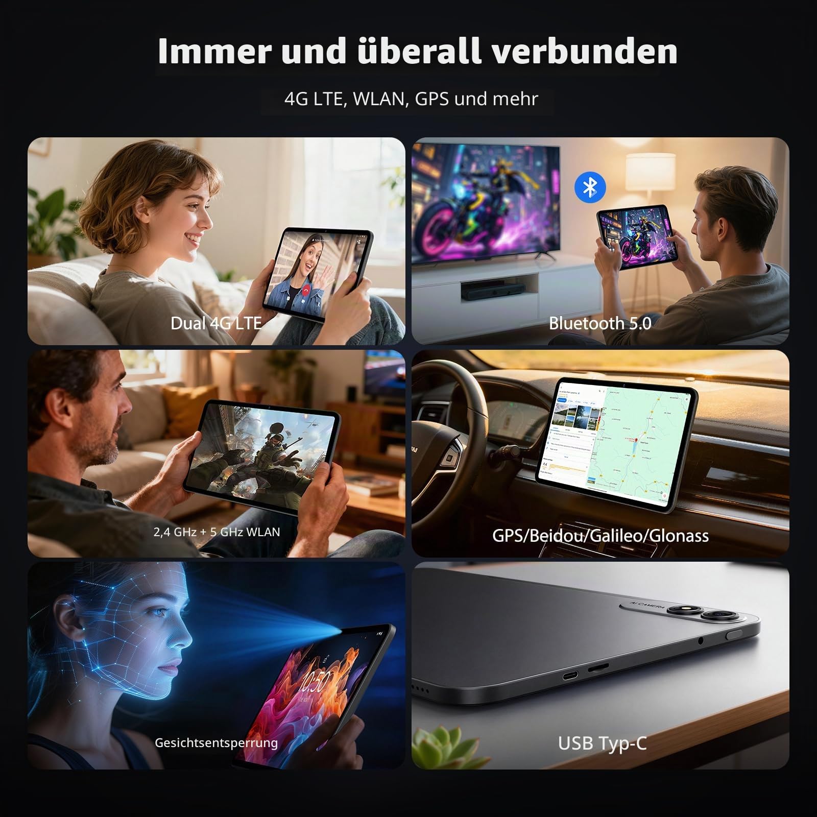 Android 16 Tablet 14 Zoll mit 1920 x 1200 FHD 36 GB + 512 GB / TF 2 TB, Octa-Core, 11580 mAh, 4-Speaker, Dual SIM 4G LTE/5G WiFi/Widevine L1/GPS/Tablet mit Tastatur/Eingabestift/Grau