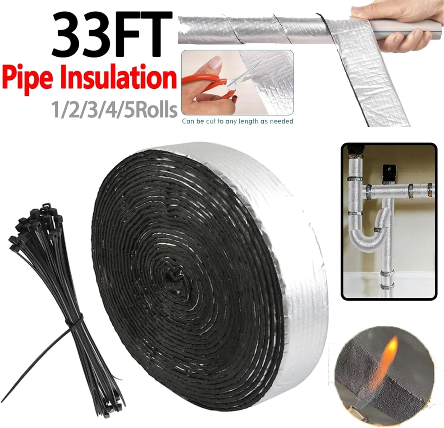 Pipe Insulation Wrap 2 Rolls Pipe Insulation Tape, Aluminum Foil Thermal for Outdoor(Only Wrap 1 Roll)