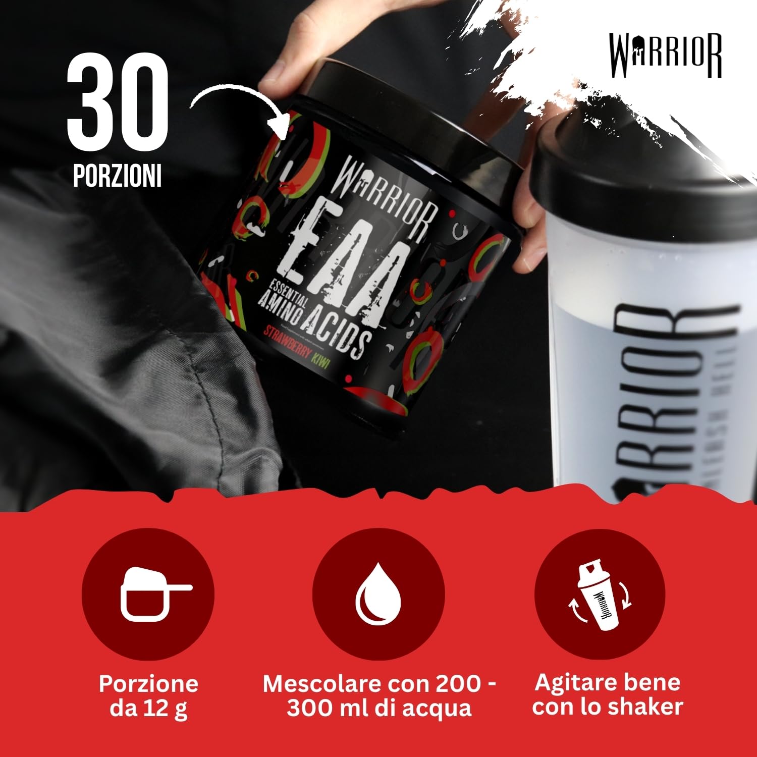 Warrior EAA Aminoacidi in Polvere 360 g – 9 Aminoacidi Essenziali per Recupero e Supporto Muscolare, Integratore Intra-Allenamento (Fragola e Kiwi)
