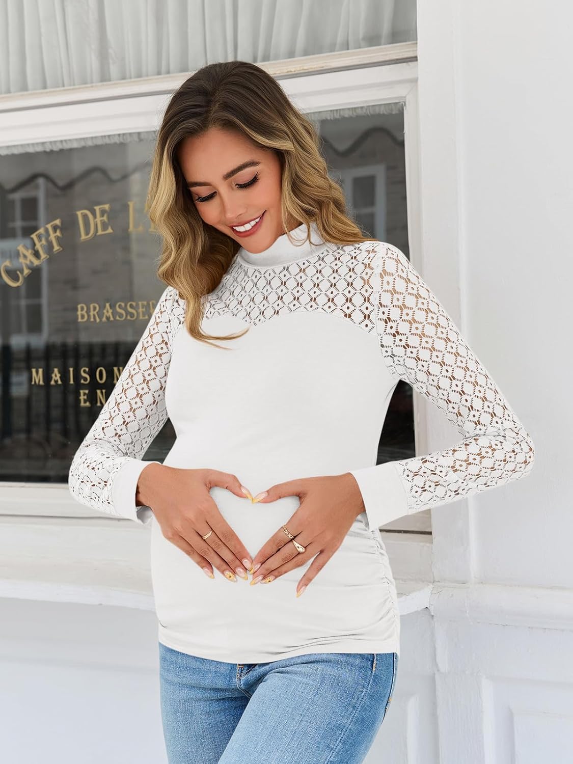 Yousify Women's Lace Long Sleeve Maternity Shirts Mock Neck Slim Fit Tunic Tops Ruched Eyelet Pregnancy Clothes - Image 2