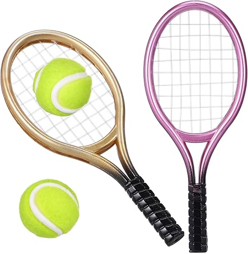 Kisangel Juego de 2 mini raquetas de tenis y pelota 1:12, kit de tenis en miniatura, casa de muñecas, juguete de tenis, mini decoración de pastel de