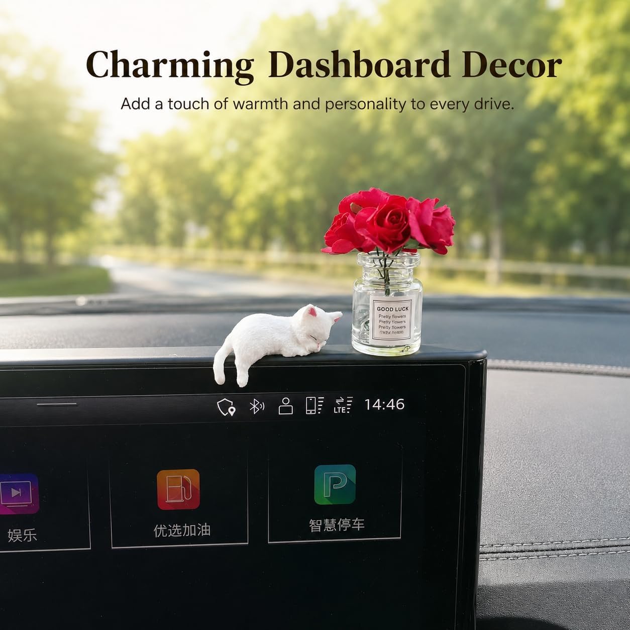 Cute Animal Car Dashboard Accessories Flowers Rear View Mirror Decorations, Funny Car Interior Accessories (Cat) image 3