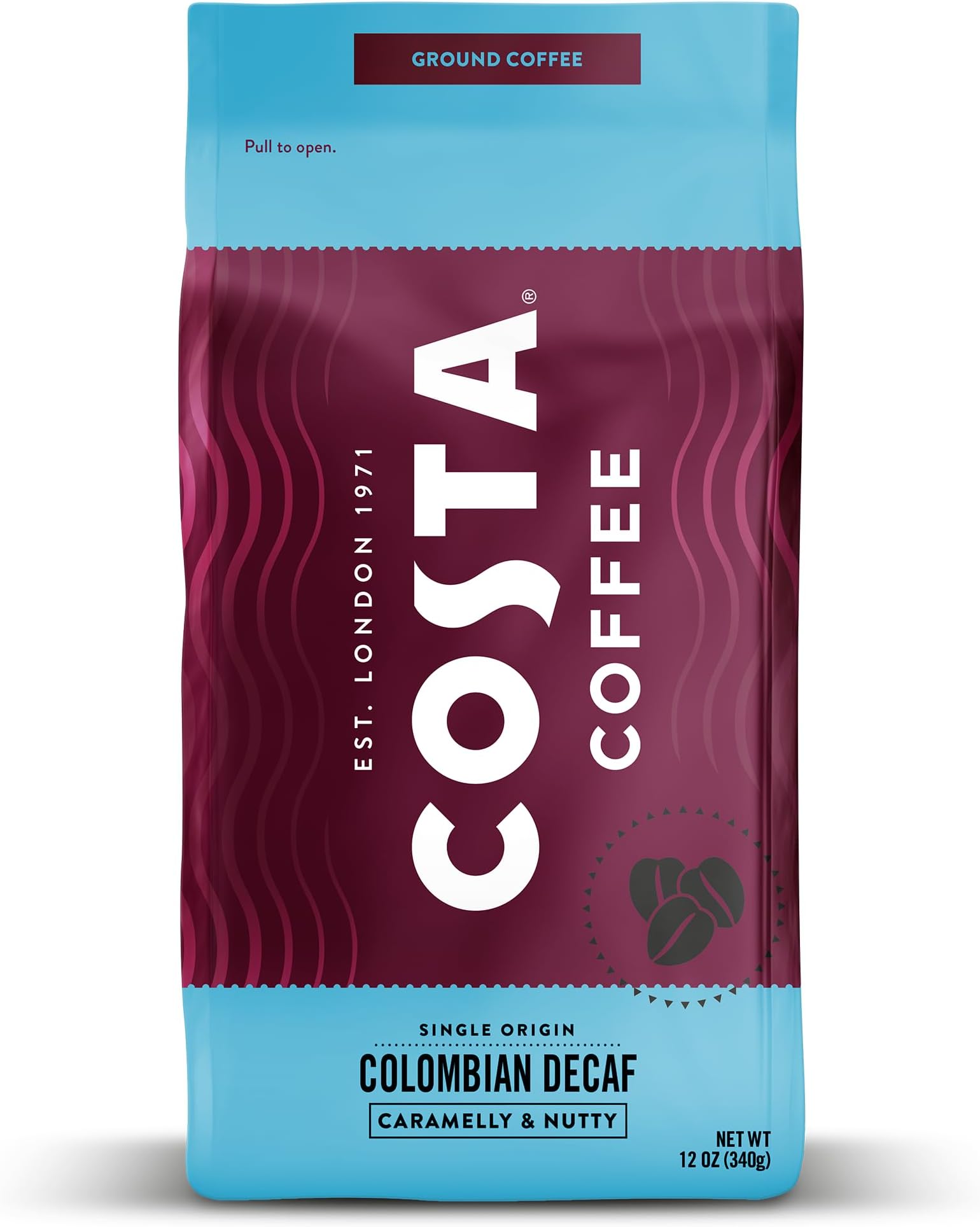 Costa Coffee Ground Coffee, Colombian Decaf Medium Roast, 12oz each, Rainforest Alliance Certified