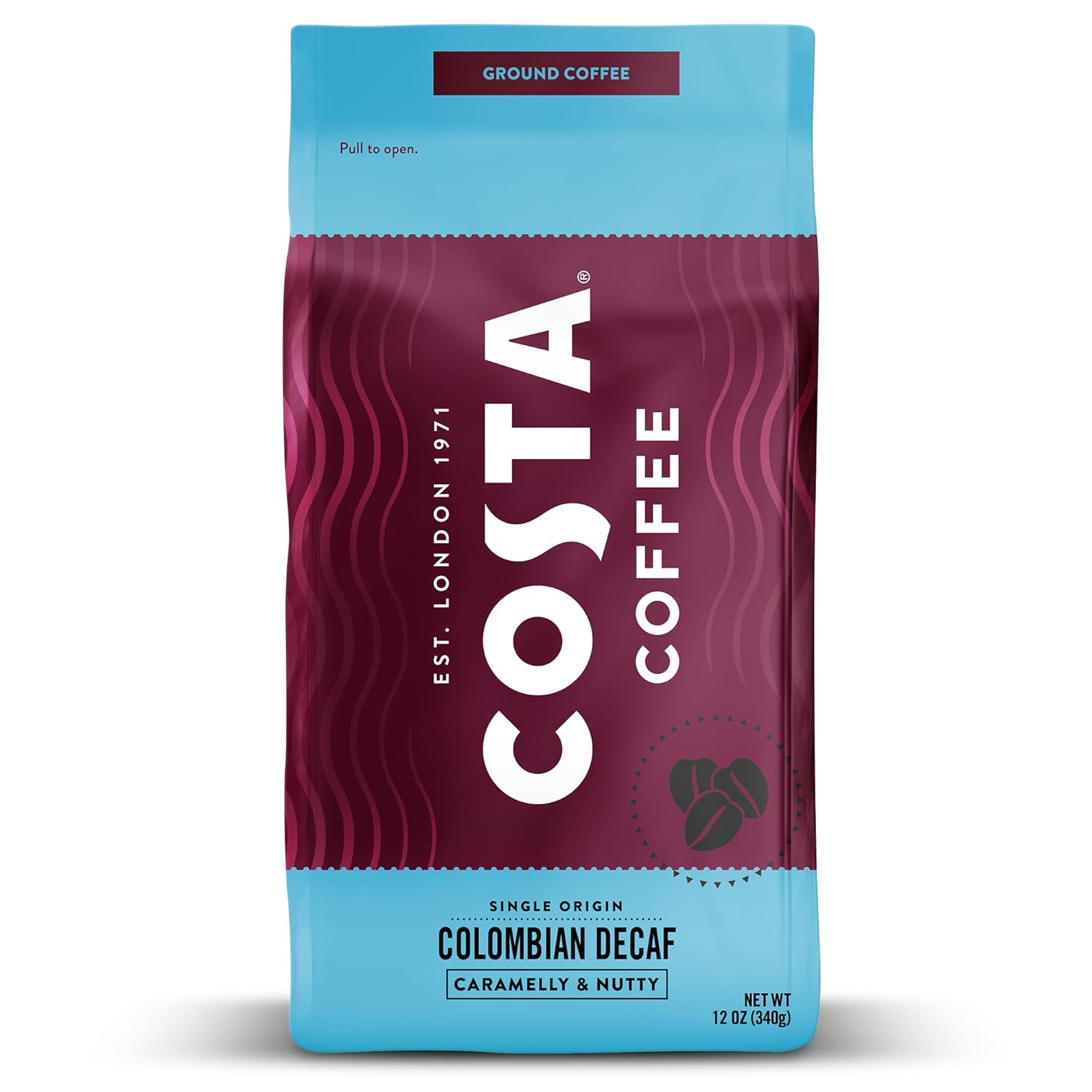 Costa Coffee Ground Coffee, Colombian Decaf Medium Roast, 12oz each, Rainforest Alliance Certified