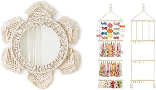 Mkono Espejo colgante de macramé para pared, decoración bohemia para dormitorio, cuarto de bebé, dormitorio, marfil, juego de 2