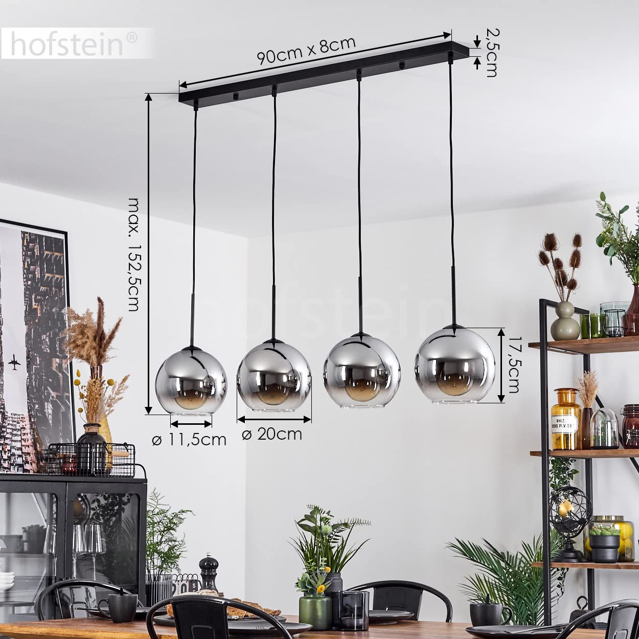 Lampa wisząca Koyoto, metalowa/szklana lampa wisząca w kolorze czarnym/chromowym/jasnym, 4-lampowa lampa/retro ze szklanymi kloszami (Ø20cm), maksymalna wysokość 152,5cm, E27, bez żarówki