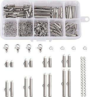 Beadthoven 260pcs 8sizes Stainless Steel Tube Slide On End Clasps with Twist Extender Chains Jump Rings Lobster Claw Clasps Crimp Cord Ends Findings for Jewelry Making 8/10/13/16/20/25/30/35MM