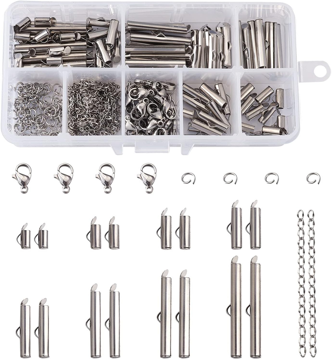 Beadthoven 260pcs 8sizes Stainless Steel Tube Slide On End Clasps with Twist Extender Chains Jump Rings Lobster Claw Clasps Crimp Cord Ends Findings for Jewelry Making 8/10/13/16/20/25/30/35MM