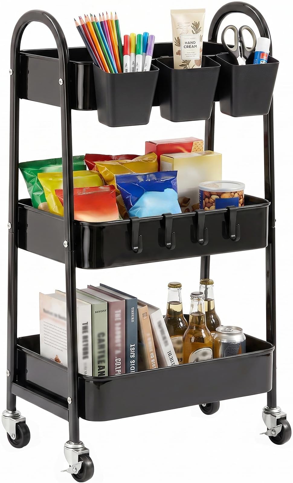 danpinera 3-Tier Rolling Cart, Black Storage Cart with Lockable Wheels