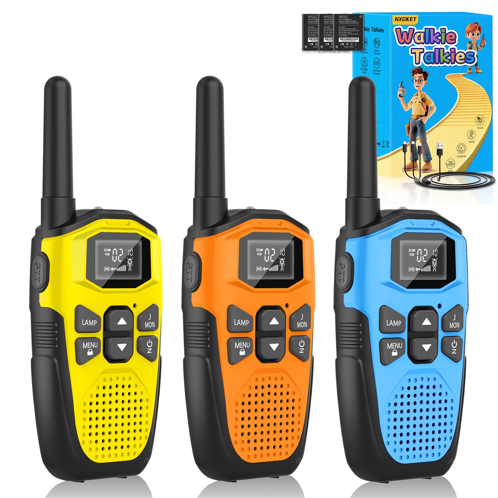 Walkie Talkies for Adults Long Range 3 Pack, NXGKET Rechargeable Kids Walky Talky with Built-In Li-Ion Battery, 16 Channels Radio with Type-C Charging Cable,VOX Function,LED Flashlight, for Camping — image 1