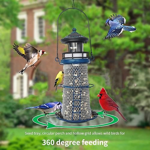 Miniatura 6 de wtreew Comedero solar para pájaros con faro giratorio, malla colgante de 14 pulgadas para aleros, balcón, árboles, ganchos, el mejor regalo para los