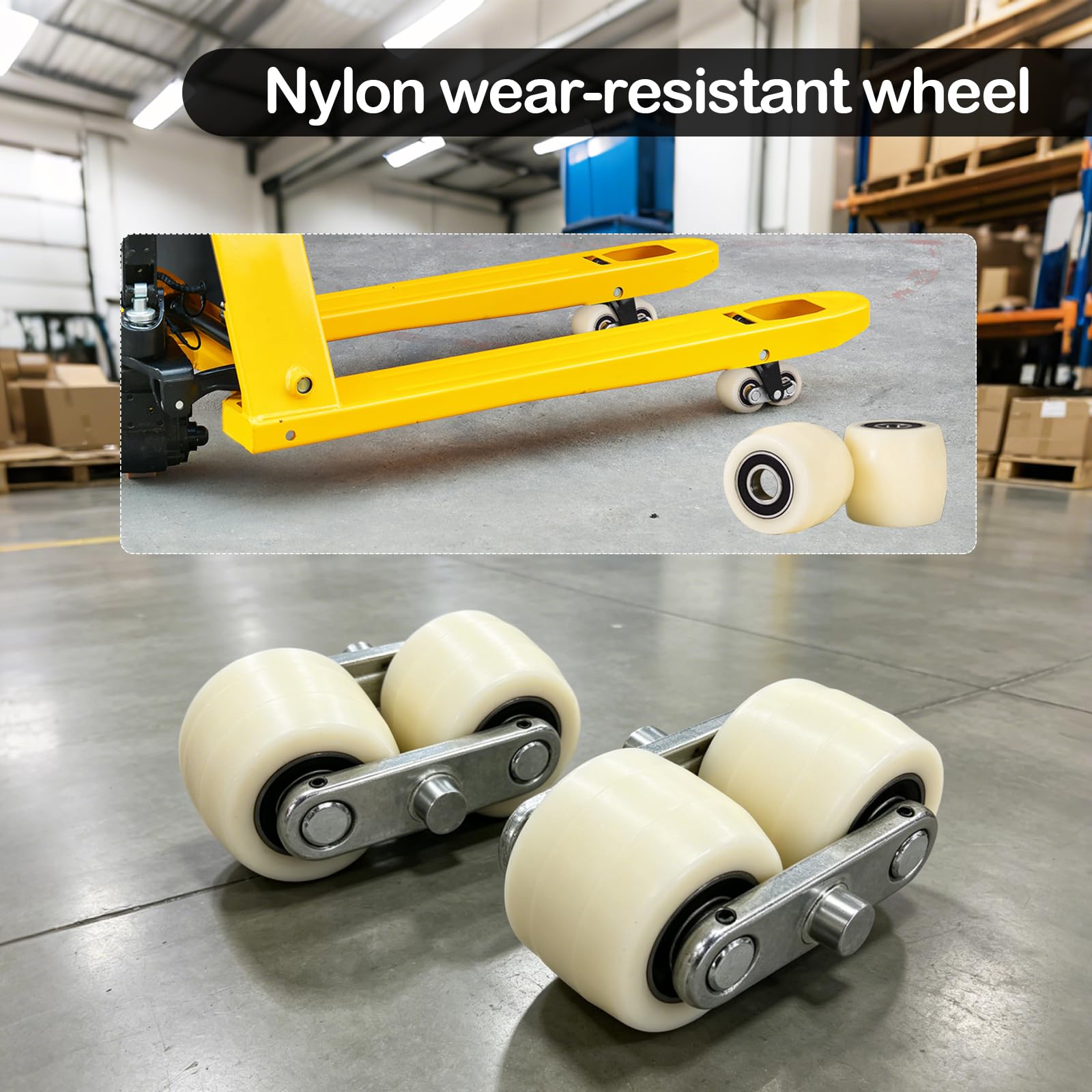 4 Stück Hubwagenrollen Nylon 80 x 70 mm, Achse 2 mm Kugellager Rollen mit Metall Verbindungsplatte Belastung 750 KG für Hubwagen Ersatzrollen