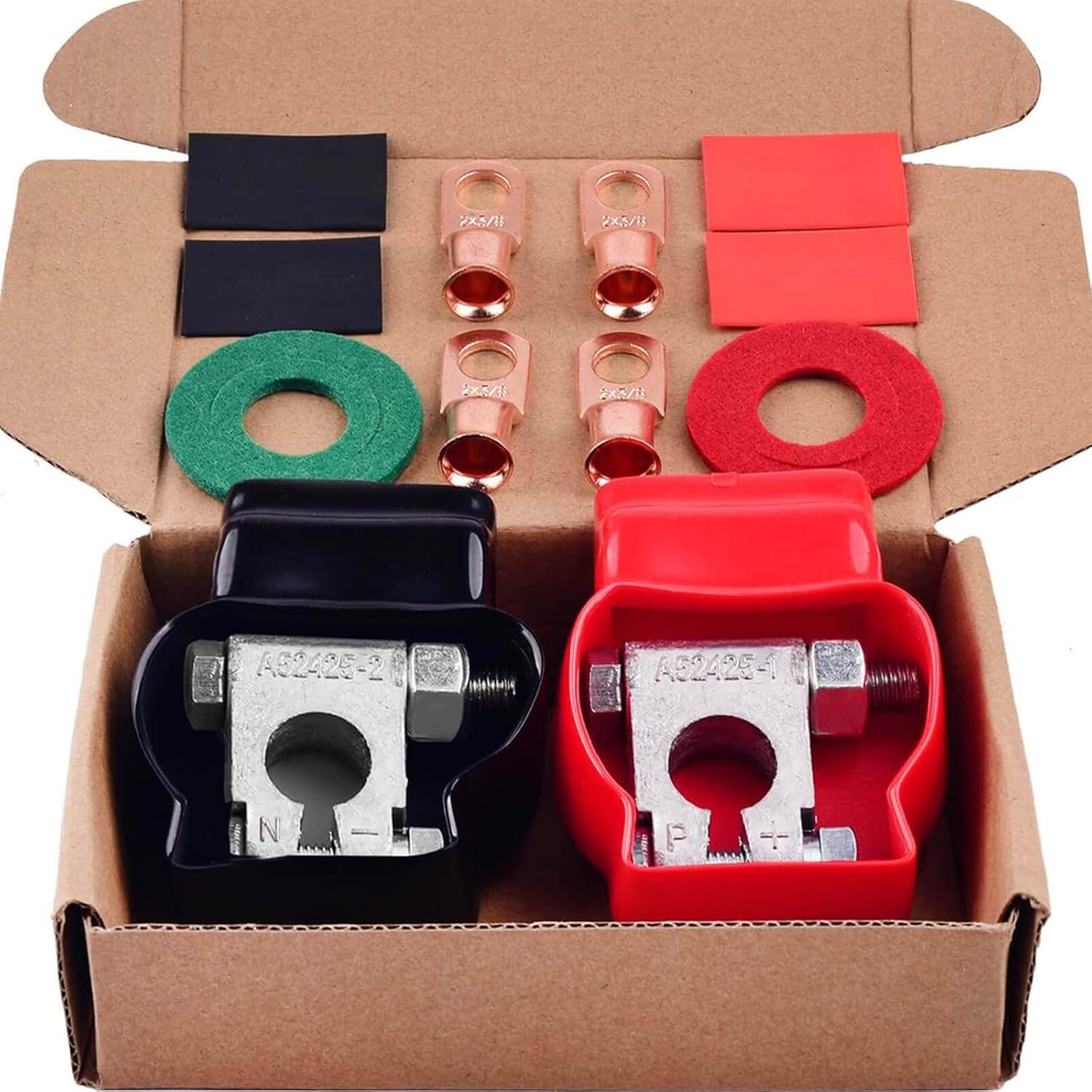 SUNMORN Military Spec Battery Terminal Connectors, Marine Car Boat RV Vehicles Battery Terminals, with 4 Pcs 2 Gauge 3/8" Copper Lugs, 4 Heatshrink, 2 Cover and Anti Corrosion Washers
