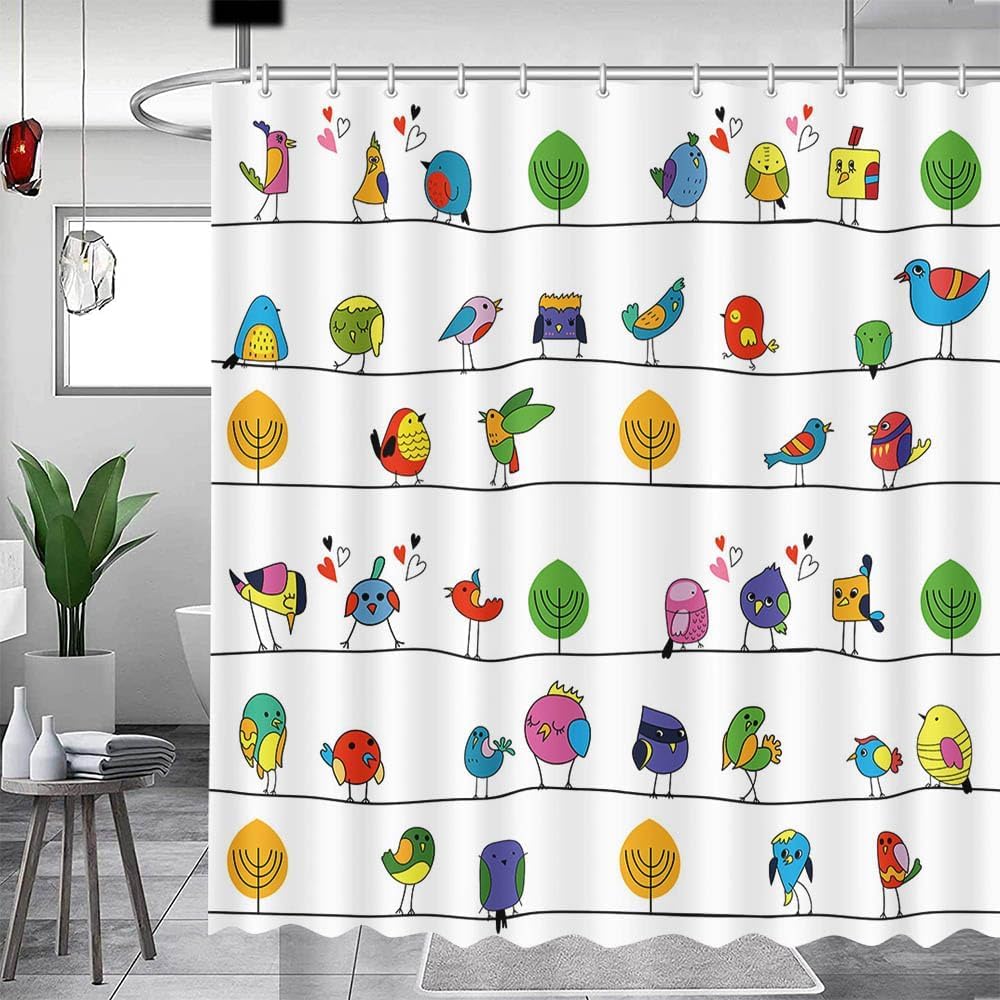 MEHOFOND Bird Shower Curtain Cute Birds Shower Curtain Colorful Multicolor Rowley Birds Shower Curtains for Bathroom Funny Animal Shower Curtains with