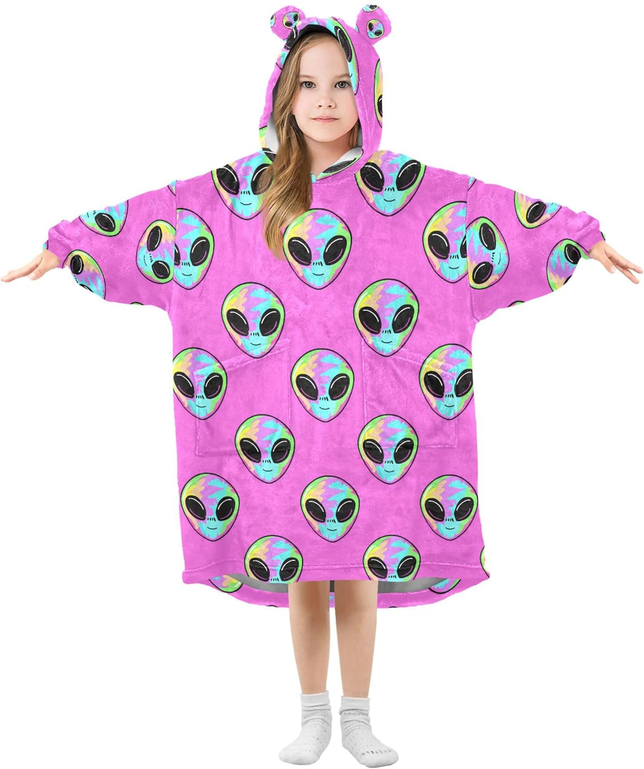 Cute Alien Ufo Kids Wearable Blanket Hoodie with Pocket and Sleeves for Toddlers, Cute Hoodies Girls Boys B0404028