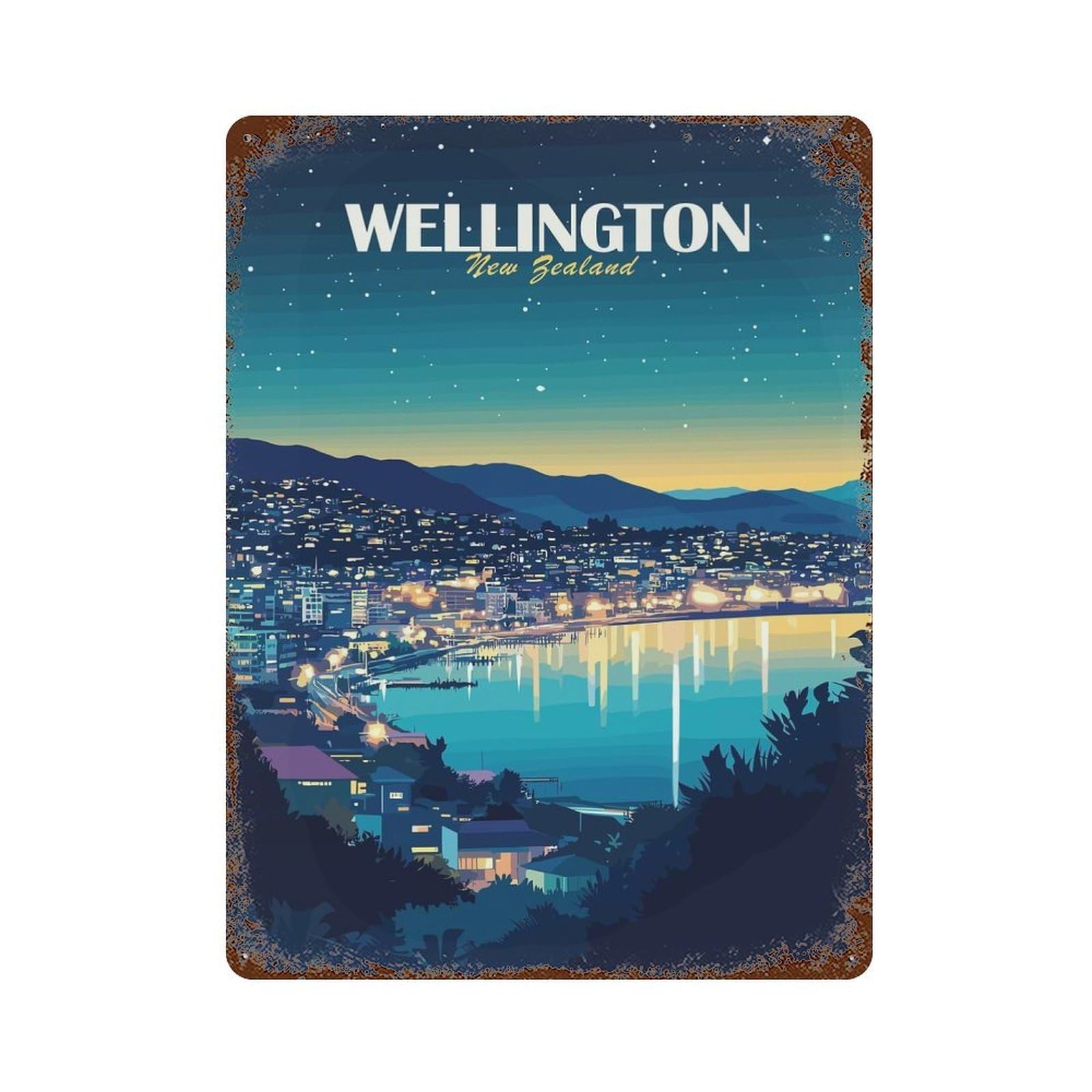 Wellington New Zealand Cityscape at Night Aged Metal Wall Plaque 15.7"x11.8", for Living Room, Hallway And Home Decor, Shabby Chic Decor