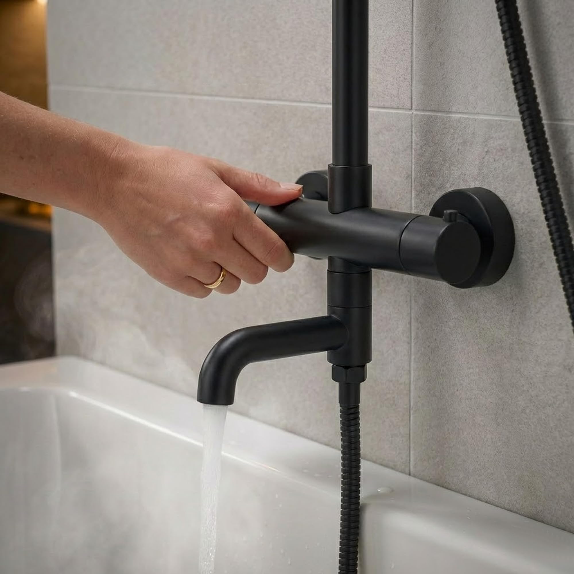 ARKO - Miscelatore termostatico con rubinetto per vasca da bagno, set doccia a pioggia e portatile, sistema termostatico per vasca e doccia (rotondo, nero)