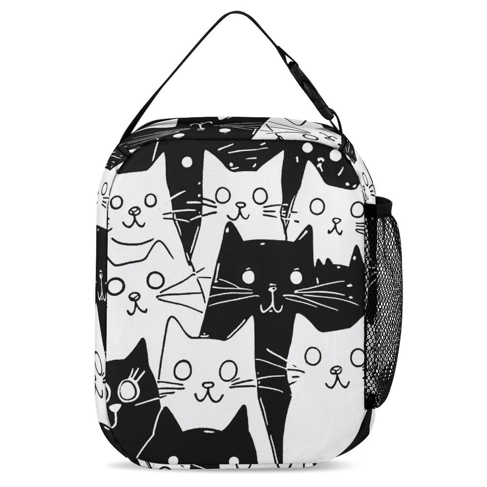 Conjunto de mochila con lonchera, neceseres, bolso de hombro y bolso cosmético con diseño de gato de dibujos animados en blanco y negro.